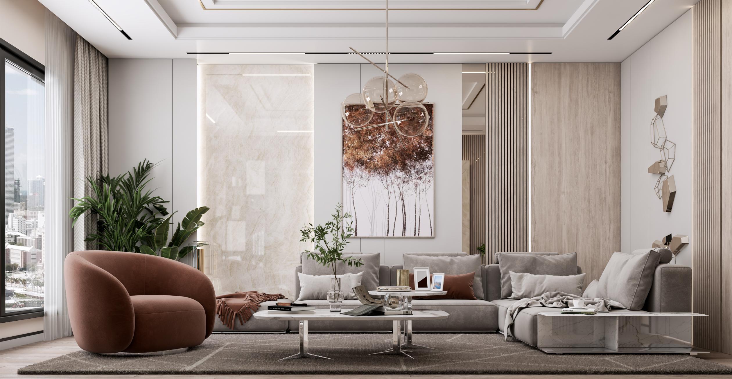 Living and dining overview with layered lighting