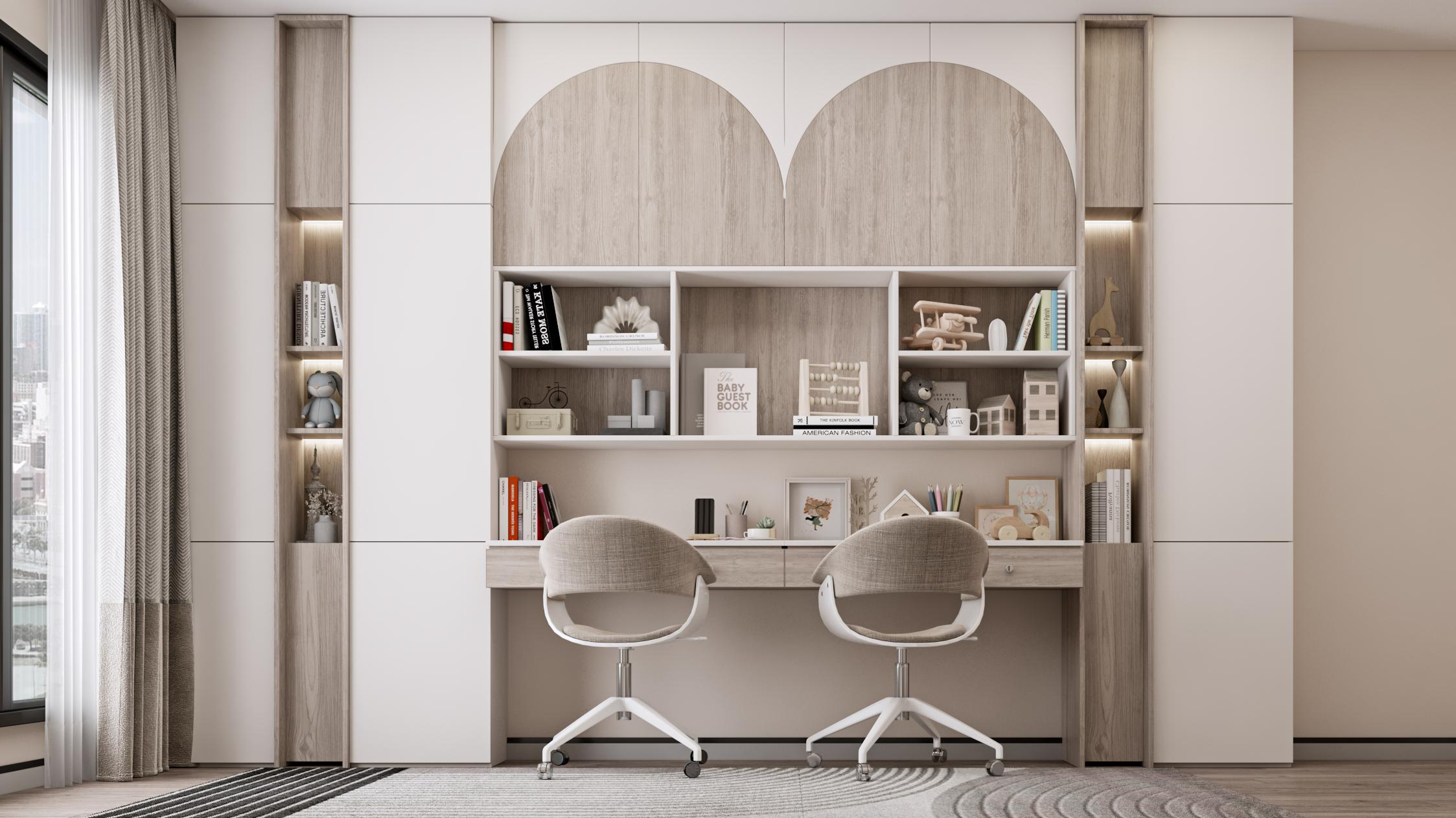 Modern lounge composition with warm accents