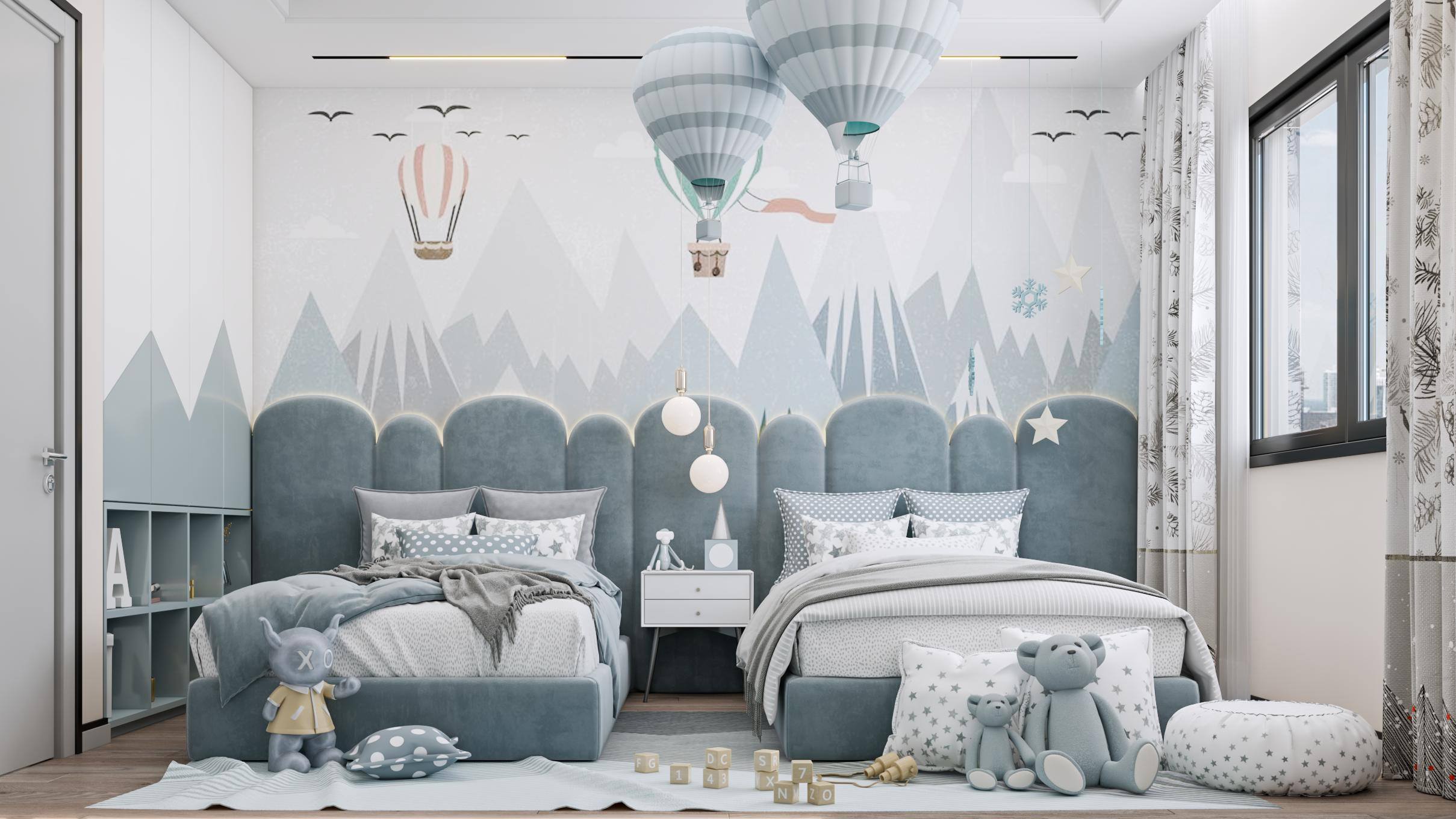 Kids bedroom with soft theme and decorative elements