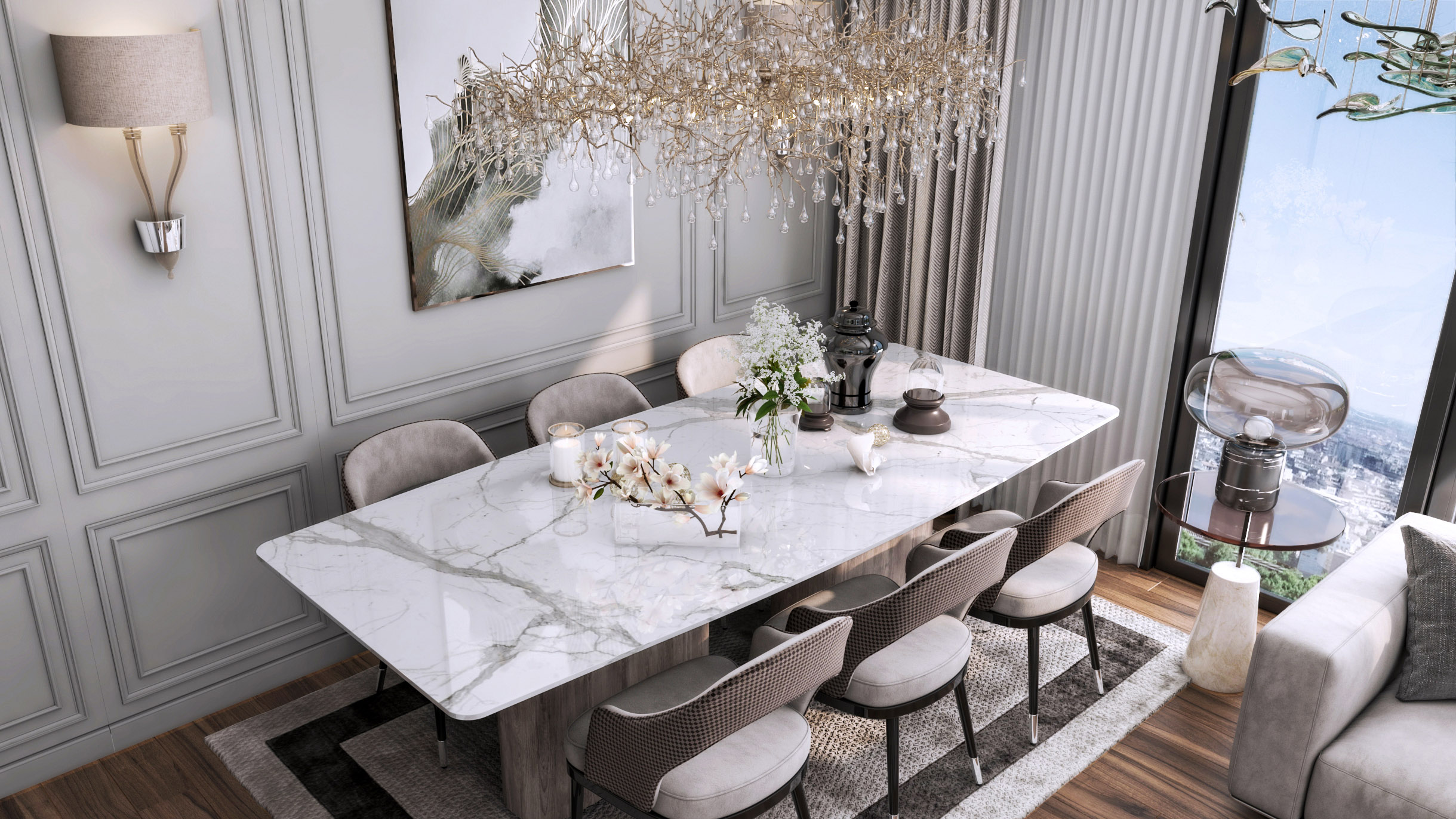 Elegant dining area with chandelier