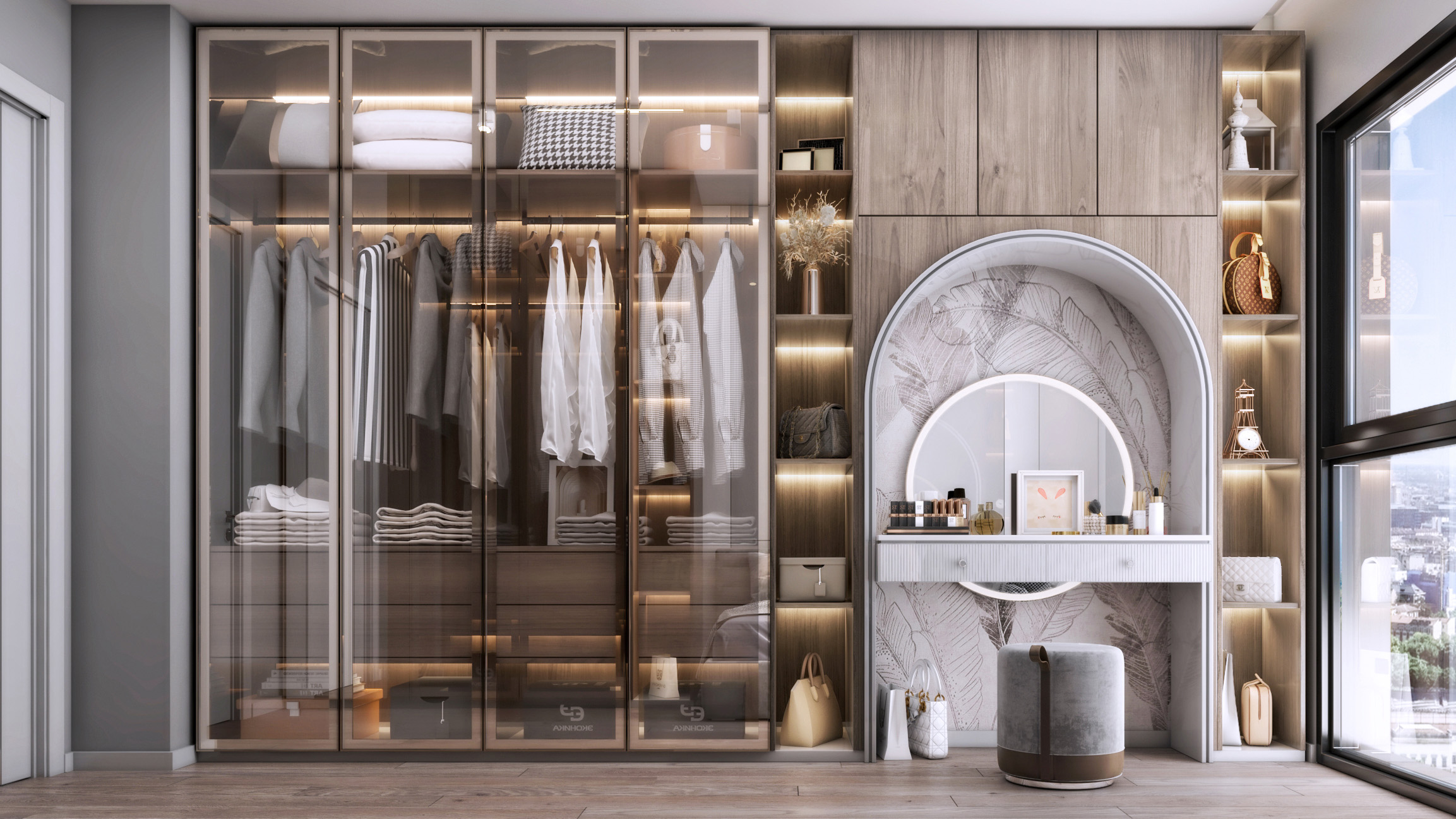 Makeup / vanity area with warm lighting